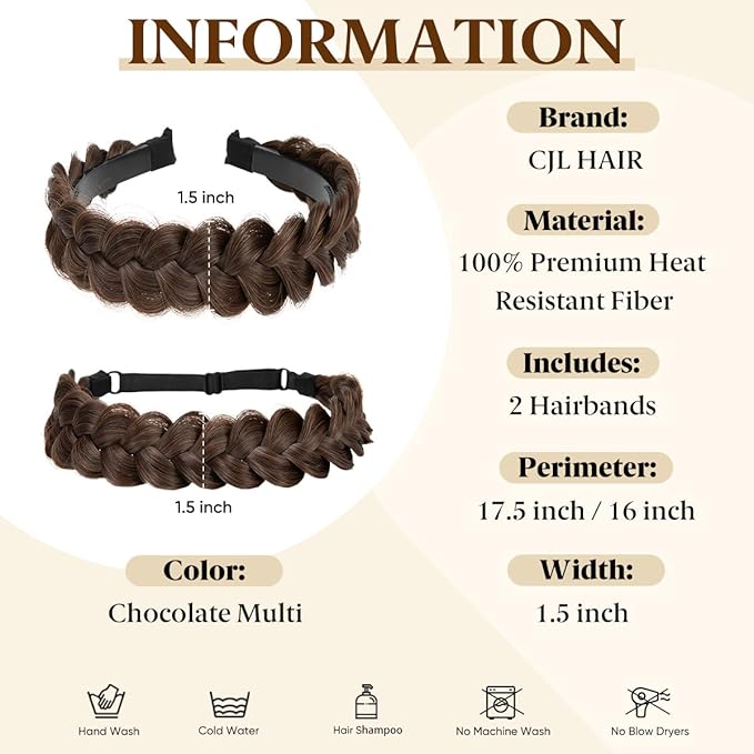CJL HAIR 2PCs Braided Headbands Hair Piece for Women Synthetic Hair Hoops Head Bands Handmade Braid Hairband Accessories Elastic Stretch Headwrap Chocolate Multi