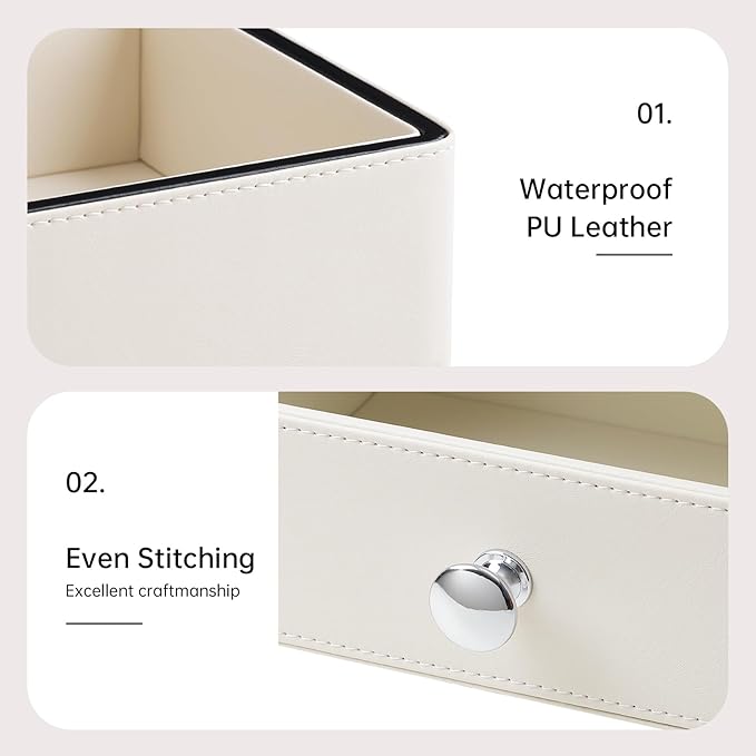 MEIBOOCH PU Leather Desk Organizer with Drawer, Multifunctional Nightstand Organizer, Waterproof Makeup Organizer for Vanity Bathroom Countertop Bedside Table (Beige)