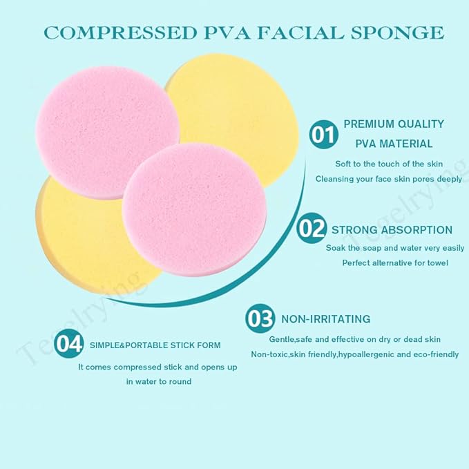 Facial Sponge Compressed,120 Count PVA Professional Makeup Removal Round Face Wash Sponges Spa Pads Exfoliating Cleansing for Women,Yellow,Pink