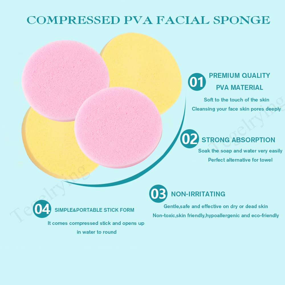 Facial Sponge Compressed,120 Count PVA Professional Makeup Removal Round Face Wash Sponges Spa Pads Exfoliating Cleansing for Women,Yellow,Pink