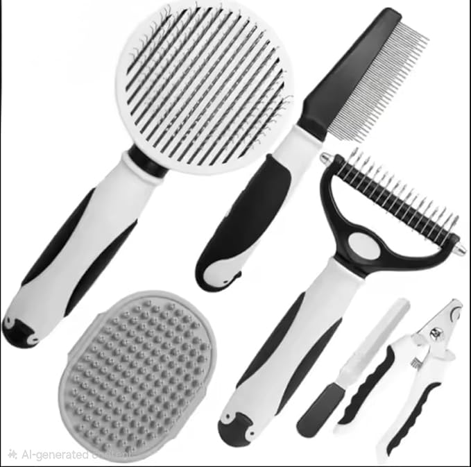 Dog Grooming Kit for Dogs at Home, 6-in-1 Pet Grooming Kit with Slicker Brush, Dematting Tool, Stainless Steel Comb, Nail Clipper for Dogs, Nail File & Bath Massage Glove