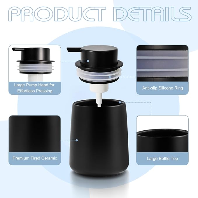 ARTWIND Ceramic Foam Soap Dispenser 2 Pack, 12oz Matte Black Lotion Hand Sanitizer Soap Dispenser with Easy-to-Press Pump for Bathroom & Kitchen Countertop Refillable