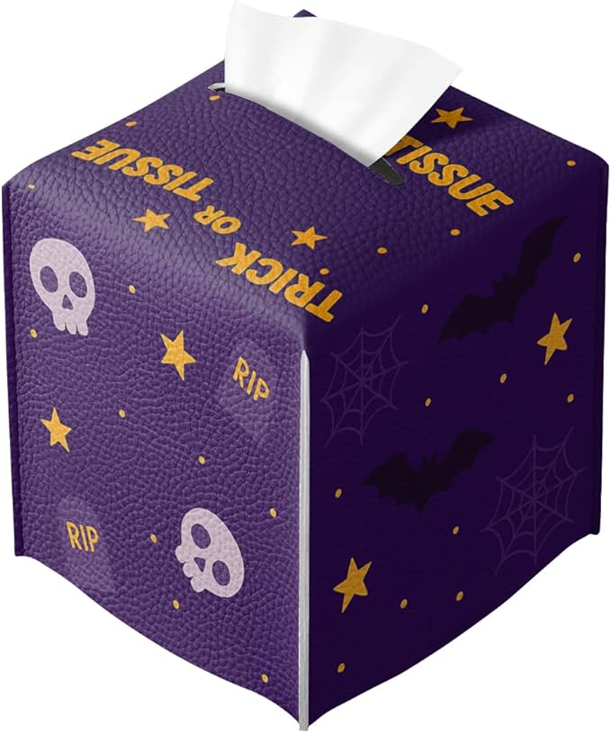 Halloween Tissue Box Cover Funny Cartoon Cute Pumpkin Bat Square PU Leather Waterproof Tissue Box Holder for Bathroom Kitchen Bedroom Vanity Countertop Night Stands