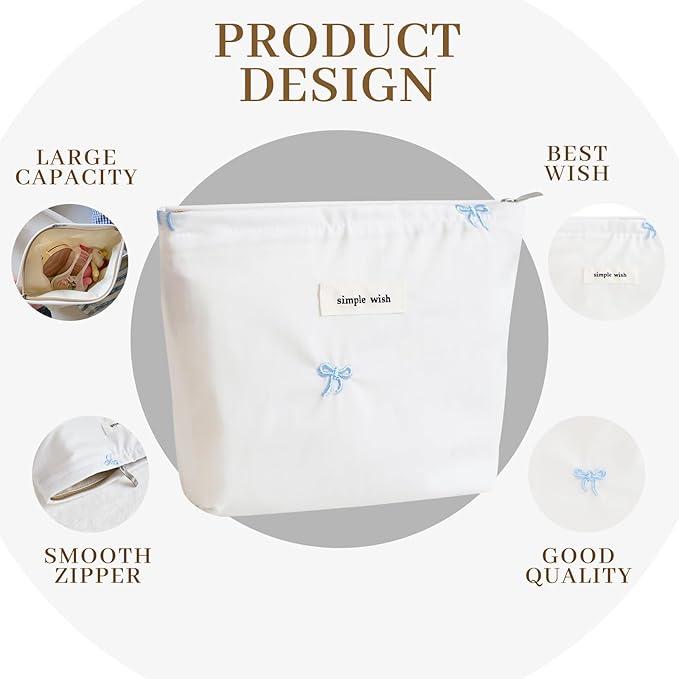Wudygirl Makeup Bag Travel Cosmetic Bag for Women Small Makeup Pouch with Handle Zipper Cosmetic Pouch Handbag Aesthetic 8.3" x 5.9"(Blue Bow)