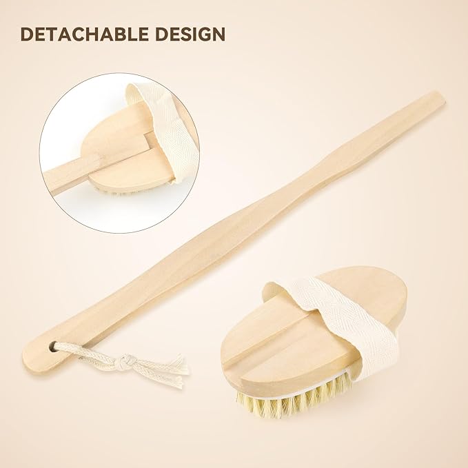 2 Pack Detachable Bath Bristle Brush, Wood Long Handle Dry Brushing Body Brush for Shower