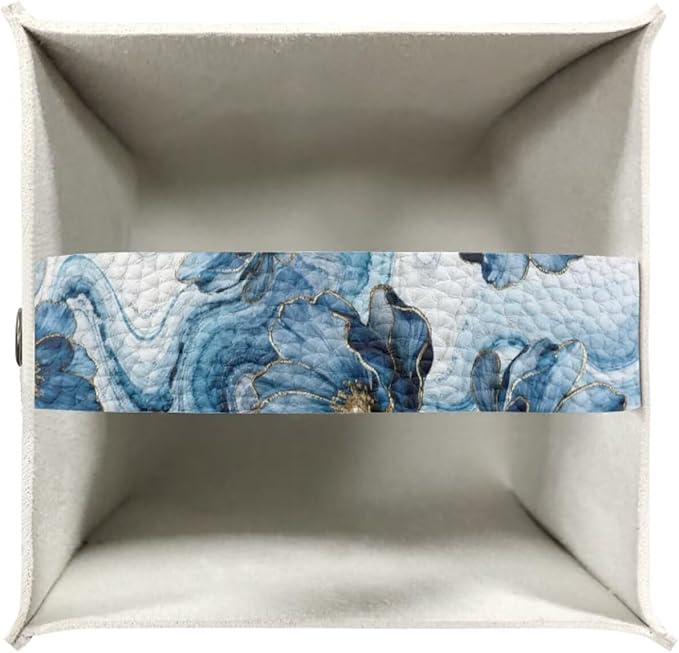 Blue Marble Flower Tissue Box Holder Waterproof PU Leather Square Modern Tissue Box Cover with Metal Button Napkin Holder for Home Office Car