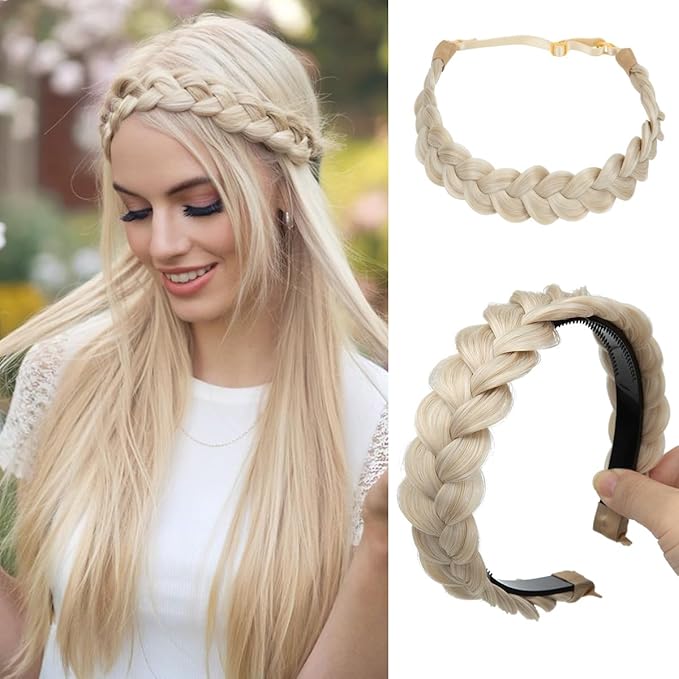 CJL HAIR 2PCs Braided Headbands Hair Piece for Women Synthetic Hair Hoops Head Bands Handmade Braid Hairband Accessories Elastic Stretch Headwrap Cream Blonde