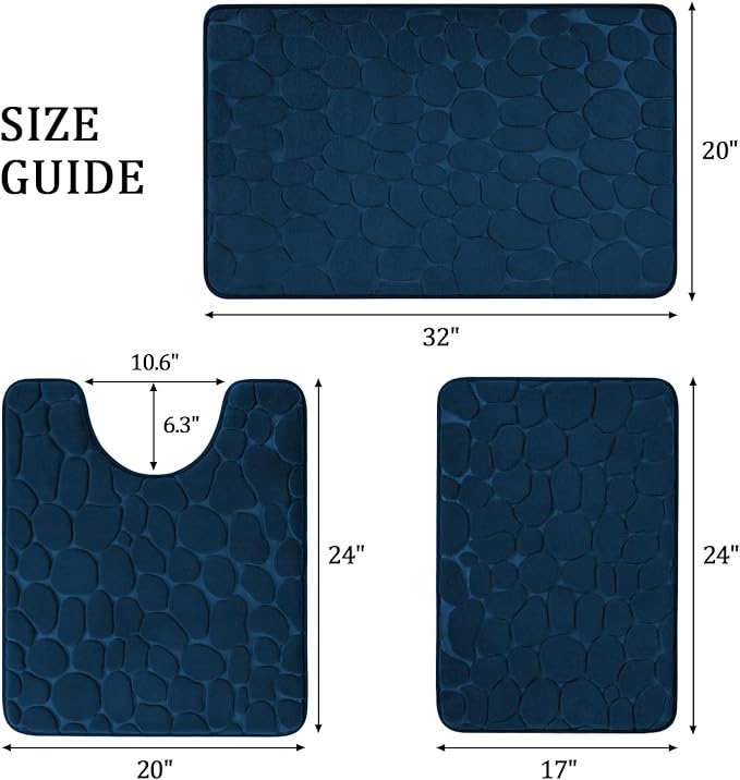 YIHOUSE Bathroom Rugs Mat Set, Memory Foam Bath Mat 3 Piece Navy Blue