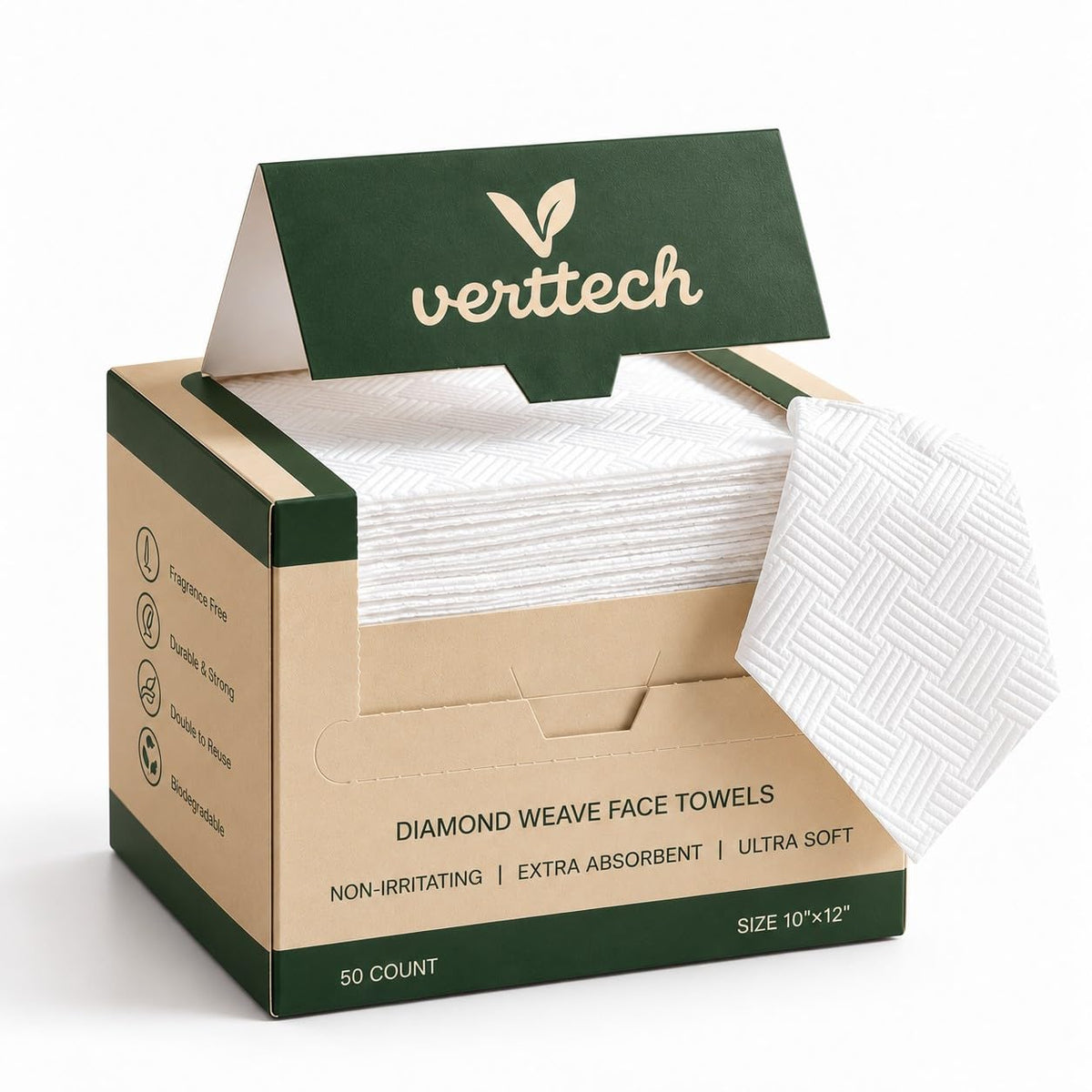 Verttech™ Disposable Face Towels XL 10"x12", 100 Count (2 Pack) Diamond Weave Facial Towelettes, Ultra Absorbent Clean Towels for Skincare, Makeup Removal, Sensitive Skin & Daily Face Care
