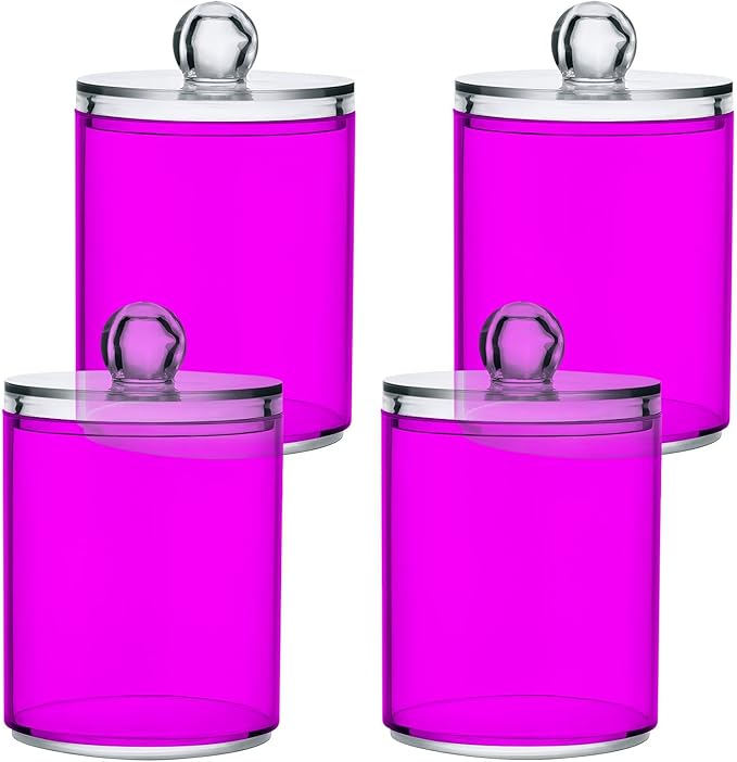 Magenta Purple Qtip Holder Organizer Dispenser Cotton Swabs Cans Plastic Jars with Lid Set 2 Pack Bathroom Storage Canister for Cotton Ball Floss Cotton Pads