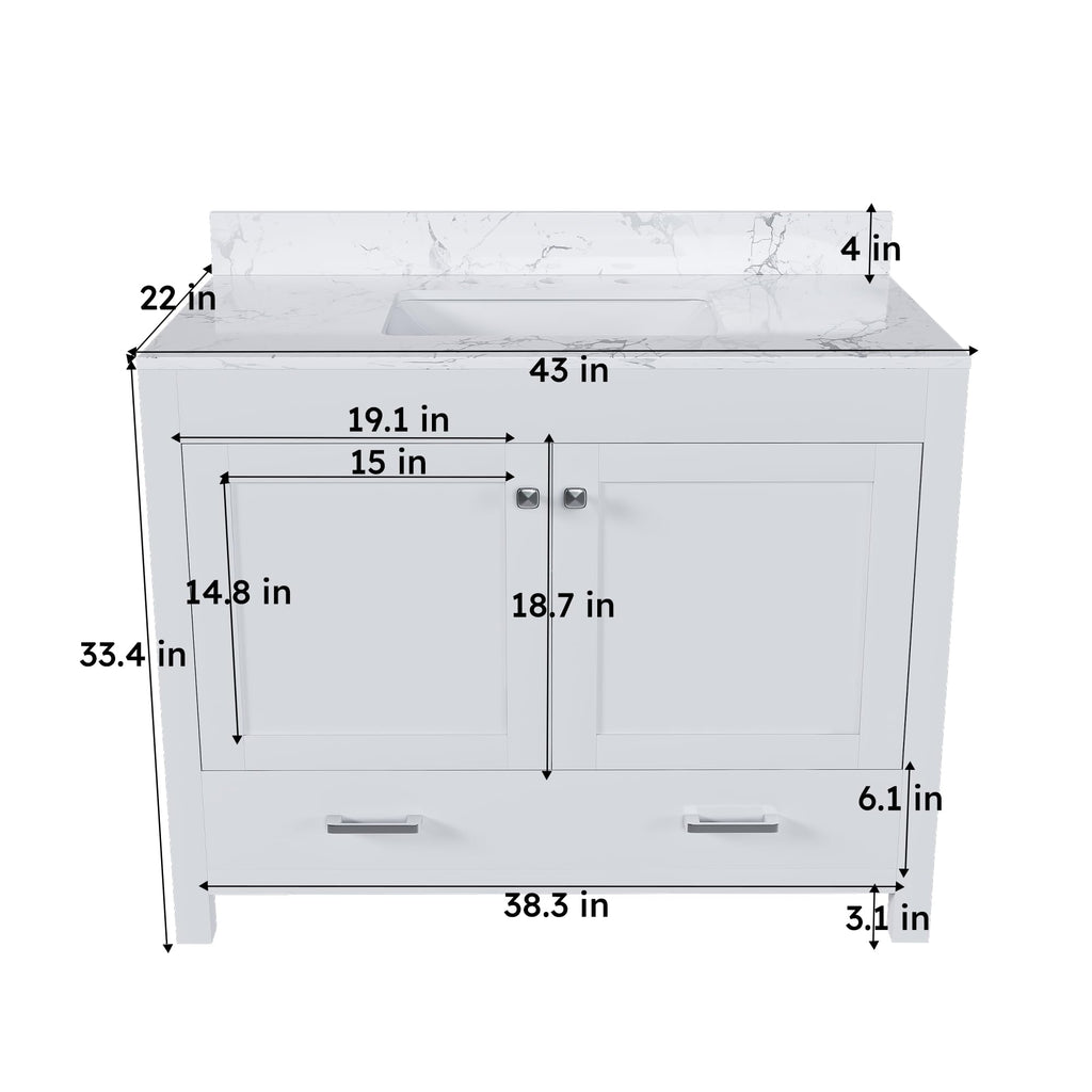 Montary 42" Bathroom Vanity with 43" Artificial Marble Carrara White Top, Modern Stylish MDF Bathroom Storage Cabinet, Vanity Set with 2 Doors and One Large Divided Drawer, White (Three Holes)