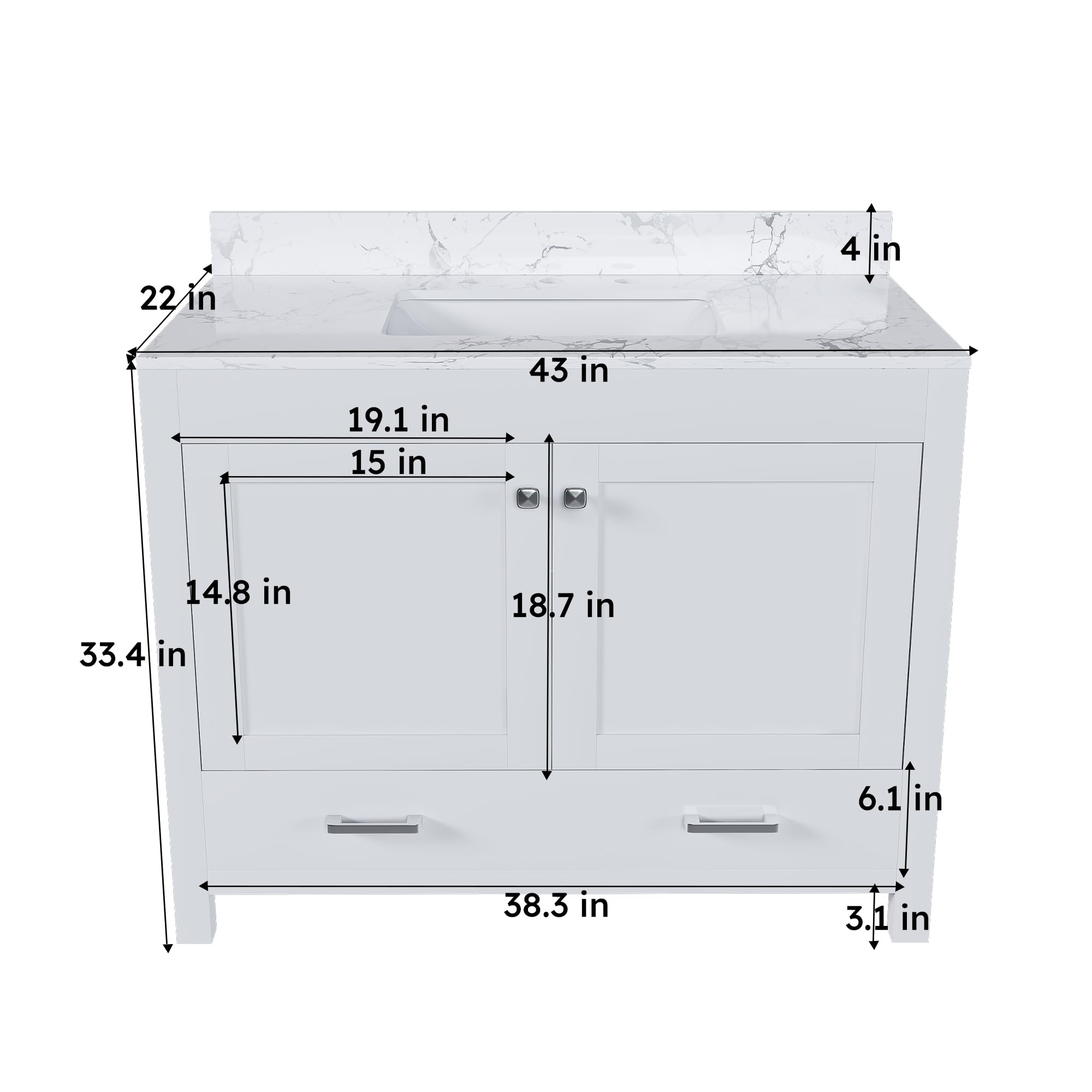Montary 42" Bathroom Vanity with 43" Artificial Marble Carrara White Top, Modern Stylish MDF Bathroom Storage Cabinet, Vanity Set with 2 Doors and One Large Divided Drawer, White (Three Holes)