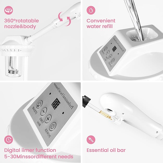 Facial Steamer Professional, Facial Steamer on Wheels, Ozone Face Steamer with More Steam for Deep Cleansing and Hydration, Estheticians Steamer for Beauty, Spa and Home Use（White）