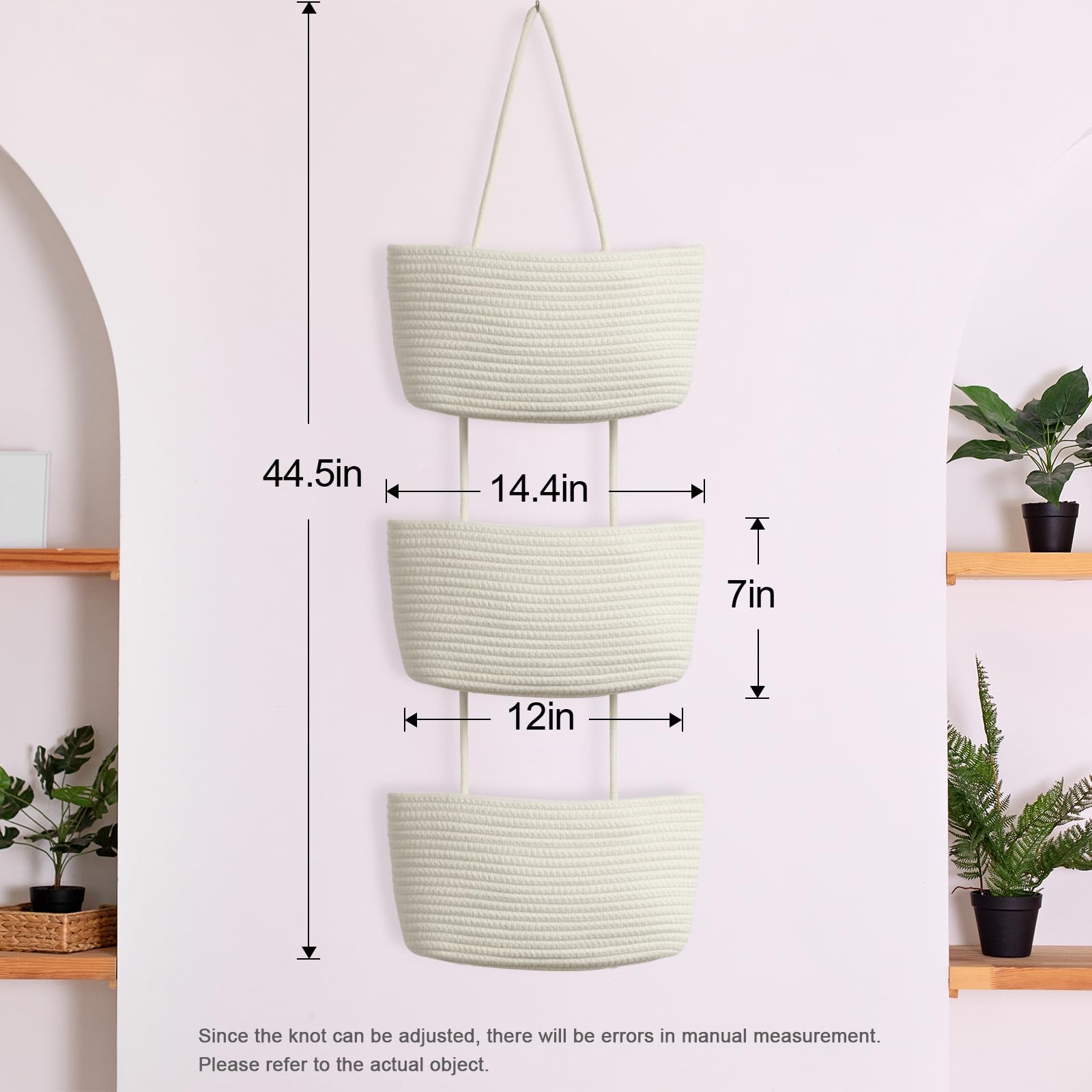 TeoKJ Over the Door Hanging Basket, 3-Tier Woven Cotton Wall-Mounted Storage Organizer Bag Decorative Hanging Nursery Baskets, White