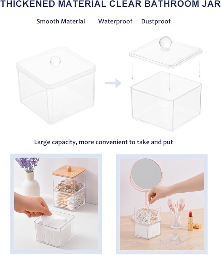 VIPTUVI Cotton Swab Holder with Clear Lid, Single Layer Plastic Apothecary Jar for Bathroom Vanity, Cotton Ball Container & Floss Pick Organizer, Dispenser for Hair Tie & Cotton Rounds.