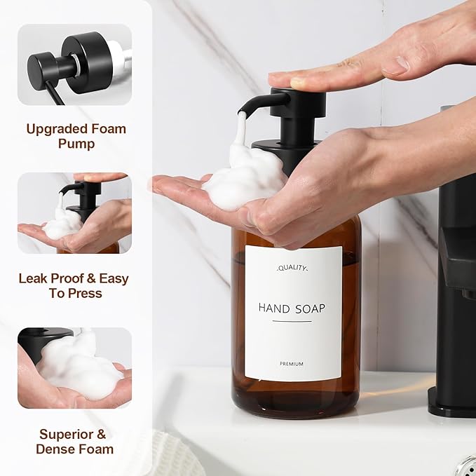 RACOBOT Amber Foam Soap Dispenser, 14.1 oz/400ml Foaming Hand Soap Dispenser, 2 Pack Glass Foaming Dispenser for Bathroom & Kitchen, Refillable Liquid Dispenser Bottle with Waterproof Labels