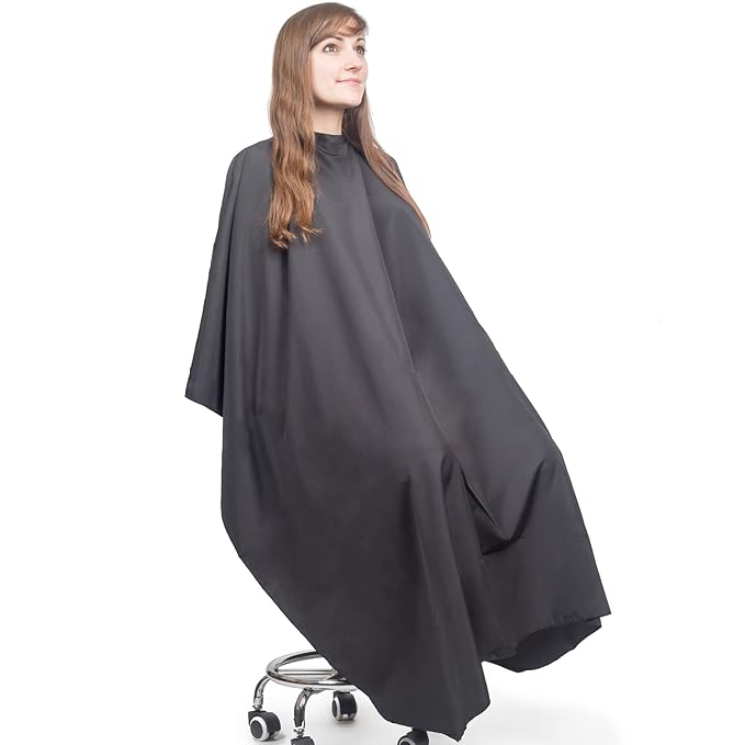 Large Hair Cutting Cape Water Resistant Salon Cape Snap Closure (Black)