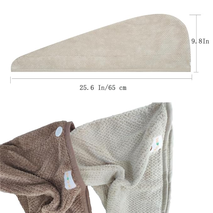 M-bestl 2 Pack Hair Drying Towels,Hair Wrap Towels,Absorbent Microfiber Hair Towel Turban with Button Design to Dry Hair More Quicker（Coffee&Khaki）