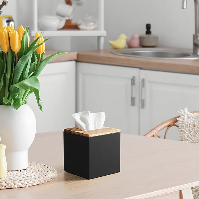 GCWSTJK Black Tissue Box Cover Square - Wooden Tissue Box Holder - Decorative Cube Facial Tissue Dispenser for Vanity Toilet Tank Dresser Nights Stand Kitchen Table Office Countertop