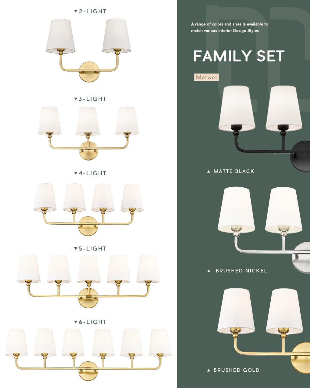 METWET 2 Light Bathroom Vanity Light, Brushed Gold Double Wall Sconce with Flared White Fabric Shade, Modern Sconces Wall Lighting for Hallway Bedroom Stairway, VL837-BG