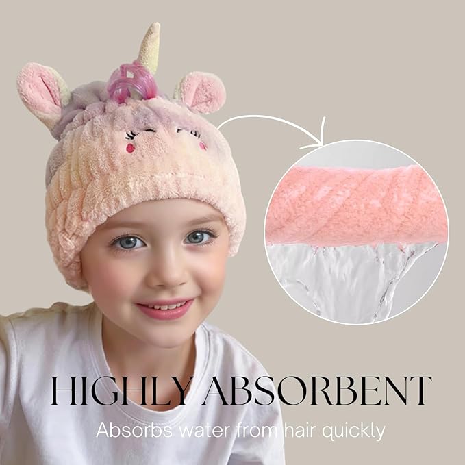 LCBD Microfiber Hair Towel Wrap for Kids, Unicorn Dry Hair Cap Suck Water, Absorbent Quick Girls Boys Hair Drying Towel, Lightweight Bouncy Hat Headscarf for Wet Hair