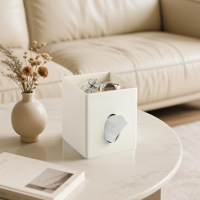 Cretkhp Tissue Box Cover, PU Leather Square Tissue Box Holder with Storage Tray for Bathroom Vanity Countertop Night Stands Bedroom Office Desk, Stylish Tissue Holder Decorative Organizer (Cream)