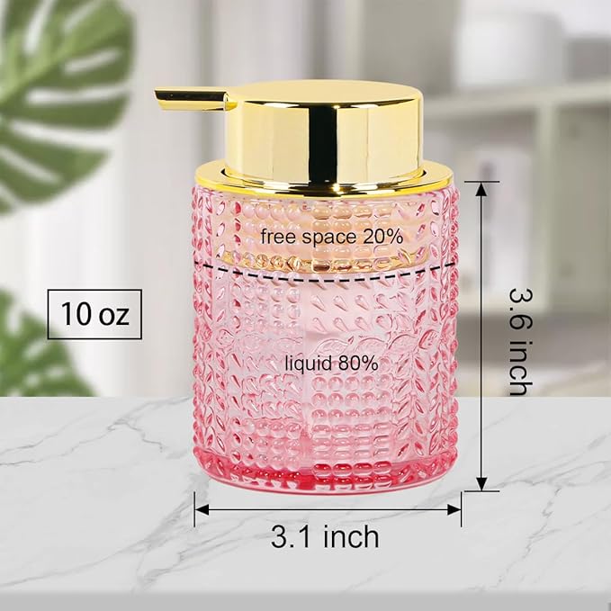Fvstar Glass Foaming Soap Dispenser,10oz Refillable Bathroom Foam Hand Soap Dispenser for Bathroom Countertop Kitchen (1, Pink)