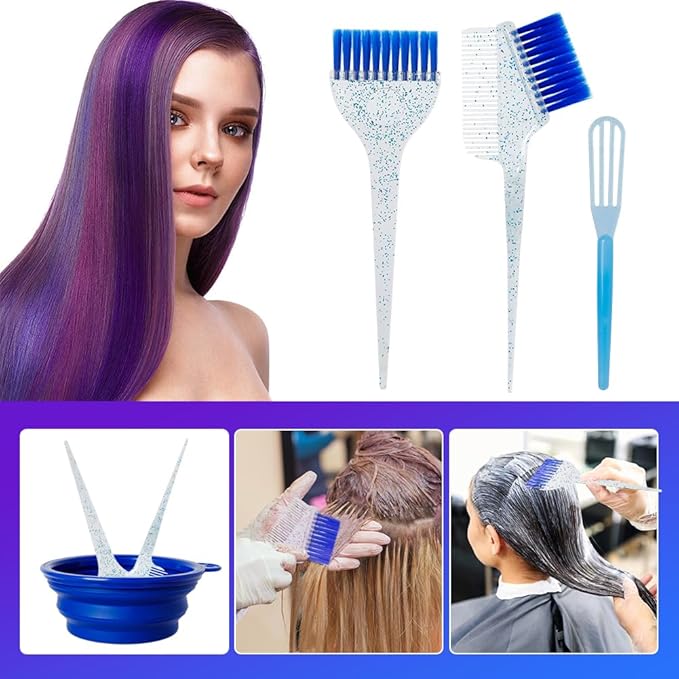 MOONMINI Hair Dye Color Brush and Bowl Set, Color Bowl Brushes Tool Mixing Bowl Kit Tint Comb for Hair Tint Dying Coloring Applicator (Dark Blue&Clear)