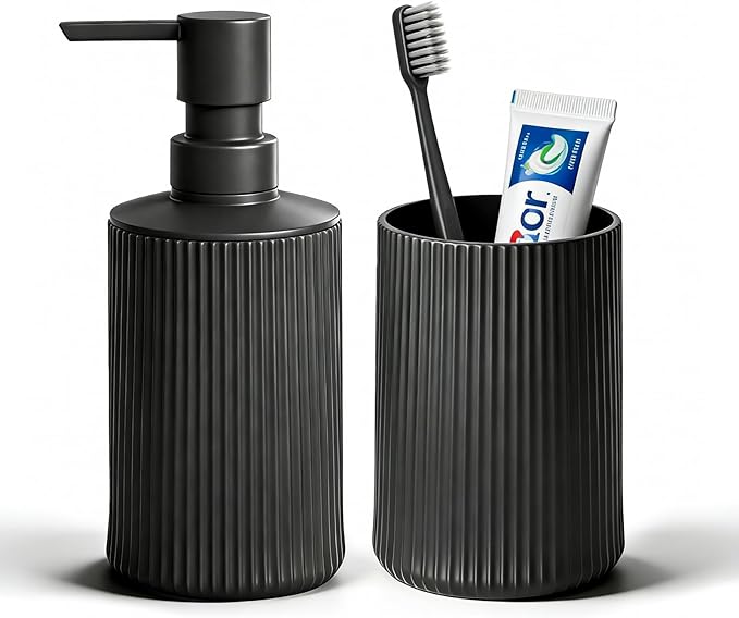 Fooguila Bathroom Set Accessories, Black Soap Dispenser and Toothbrush Holder Complete 2 Piece Plastic Hand Dish Soap Counter Set for Modern Decor