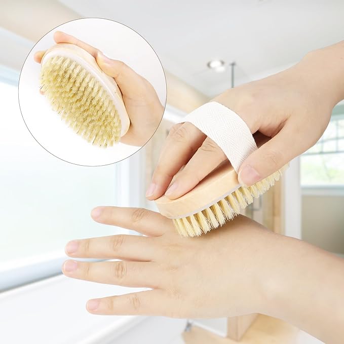 2 Pack Detachable Bath Bristle Brush, Wood Long Handle Dry Brushing Body Brush for Shower