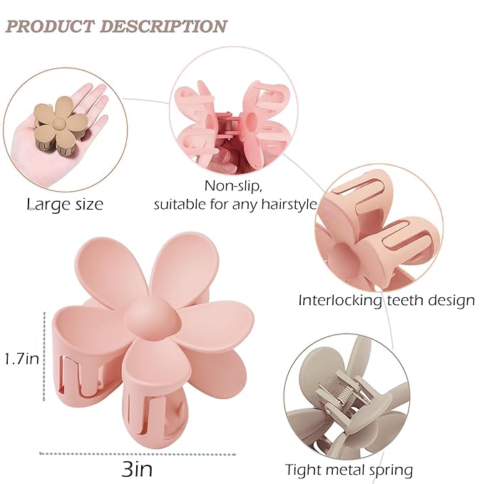 Flower Hair Clips 8PCS, Large Claw Clips for Women Girls Thick Thin Hair, Strong Hold Nonslip Big Dasiy Jaw Clamps Matte Hair Accessories 8 Colors
