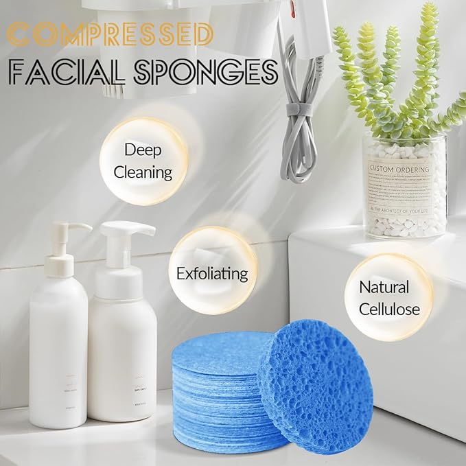 50-Count Facial Sponges Compressed Natural Cellulose Sponge Round Shape Face Sponge for Face Cleansing Exfoliating and Makeup Removal, Blue