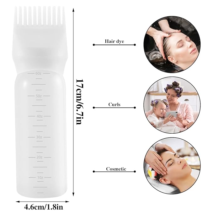 Pimoys Root Comb Applicator Bottle 6 Ounce, 2 Pack Hair Oil Applicator, Applicator Bottle for Hair Dye Applicator Bottle with Graduated Scale, White