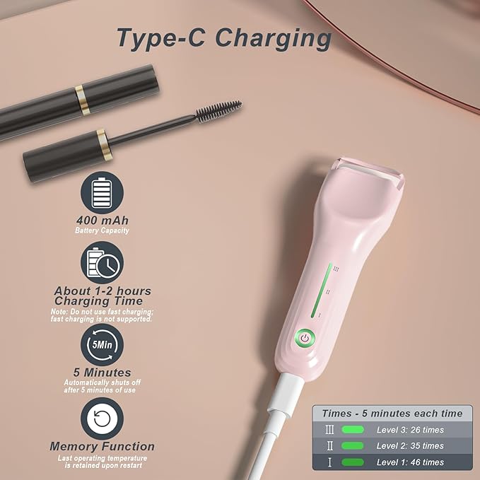 Heated Eyelash Curler for Women, Type-C Rechargeable with 3 Temp Settings & Silicone Pad for Natural C Curl, Travel-Friendly Heated Lash Curler (Pink)