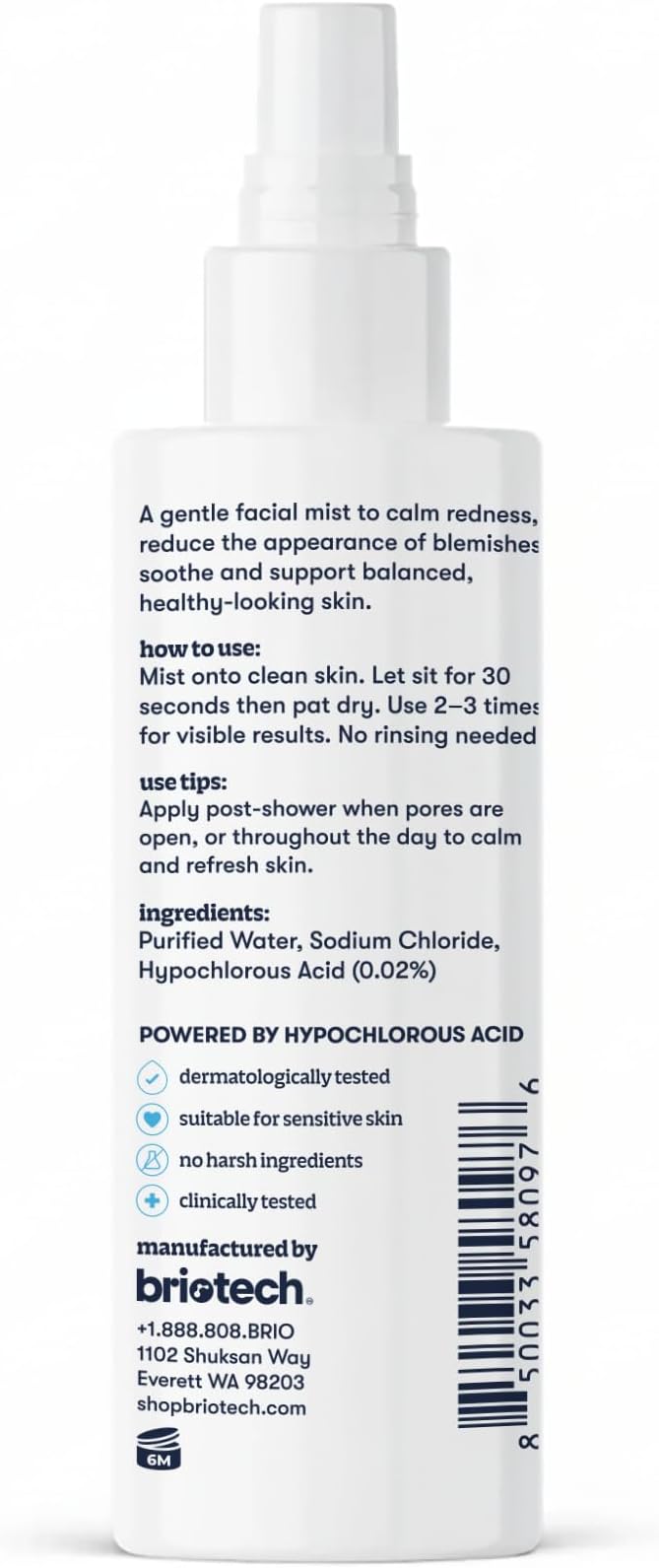 BRIOTECH Renew Toner, Hypochlorous Acid Spray, Minimize Appearance of Blemishes, Soothing Facial Mist for Sensitive Skin, Calm Redness & Bumps, Vegan, 2 fl oz Travel Size