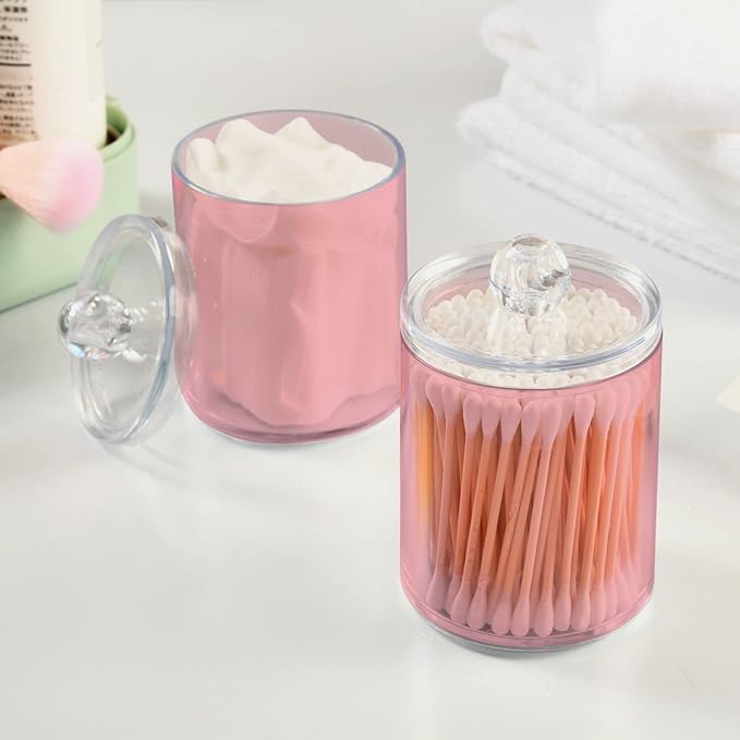 Pink Qtip Holder Organizer Dispenser Cotton Swabs Cans Plastic Jars with Lid Set 2 Pack Bathroom Storage Canister for Cotton Ball Floss Cotton Pads