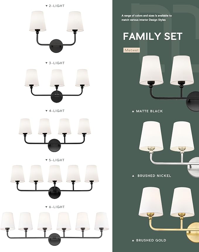 2-Light Bathroom Vanity Light Fixtures in Matte Black Finish, Modern Bedside Wall Sconces with Flared White Fabric Shade for Bathroom, Hallway, Living Room, Kitchen, VL837-MB-2