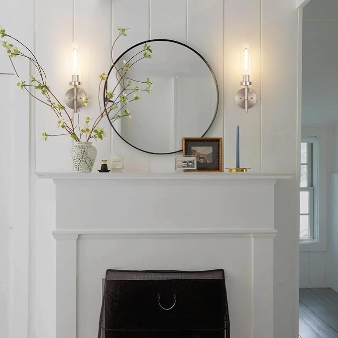 SANTOSTOCK Brushed Nickel Wall Sconces Set of 2, Hardwired Bathroom Sconces Vanity Light Fixture, Farmhouse Wall Mount Lamps for Mirror Living Room Bedroom Hallway