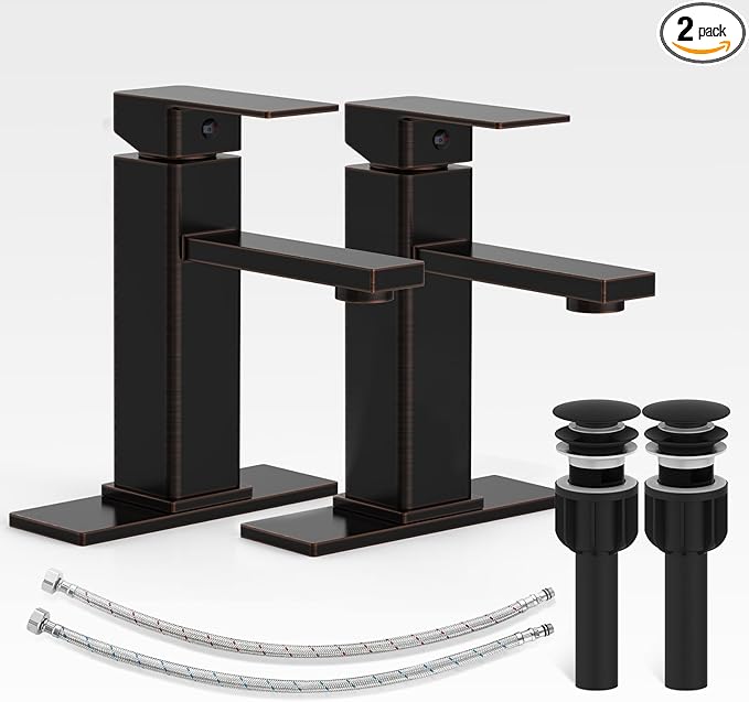 Bathroom Sink Faucet-2 Sets, Oil Rubbed Bronze Bathroom Faucet with Pop-up Drain and 6 Inch Deck Plate, Single Handle for Modern Farmhouse RV Sink (2 Holes)