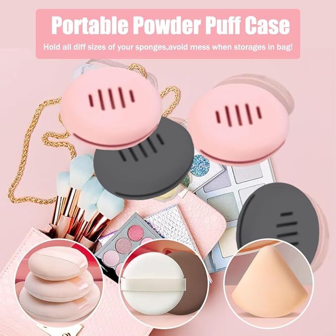 Ouliget Portable Powder Puff Case,Breathable Round Makeup Puff Protective Container,Silicone Make-up Storage Box Travel Quick Drying Easy to Carry,4 Pieces,Pink+Grey
