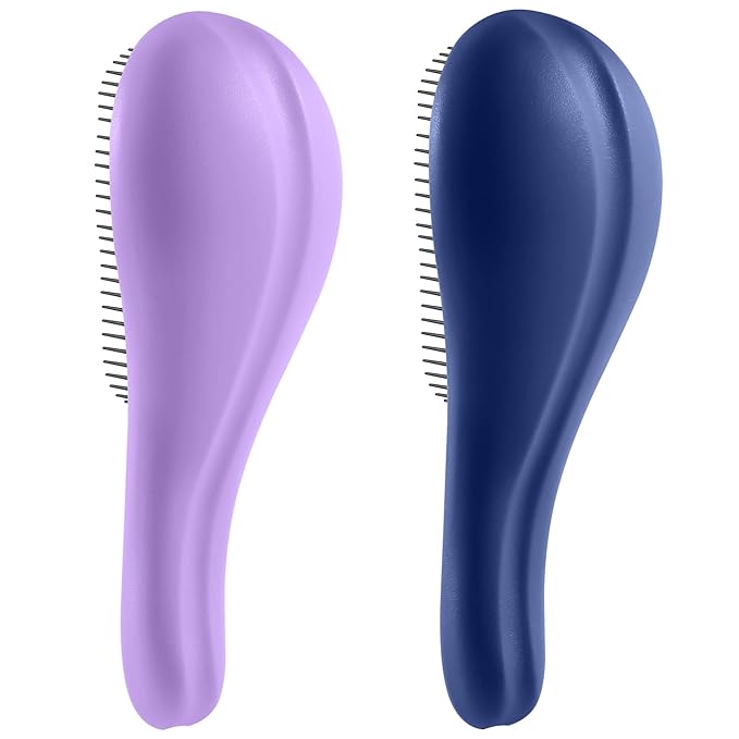 Aussumy Detangling Hair Brush Set - 2 Pack Detangler Hairbrush with Ultra Soft Bristle for Effortless Tangle Removal - For Dry Wet Damaged Curly Hair for Men Women Girls Boys Kids - Blue & Purple