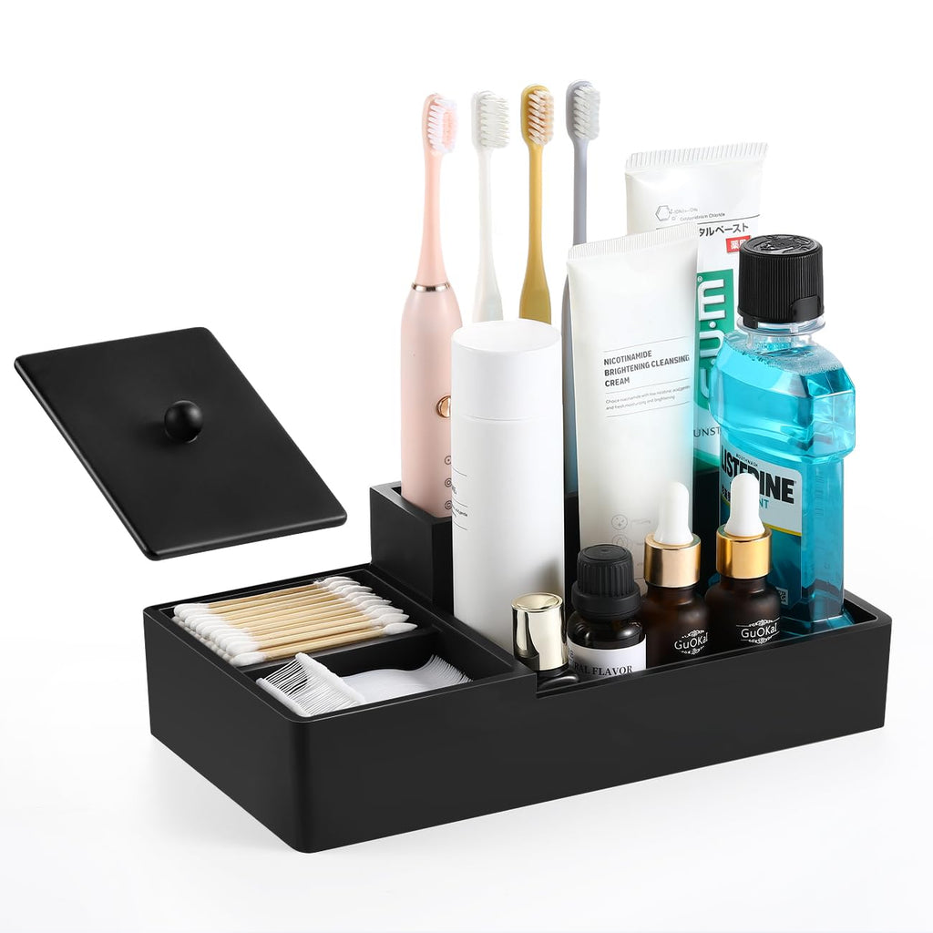 Luxspire Bathroom Counter Organizer, Marble Toothbrush Holder for Bathroom 6 Slot, Bathroom Vanity Organizer with Lid, Bathroom Organizer Countertop for Cotton Ball, Q-Tips, Floss, Matte Black