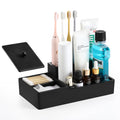 Luxspire Bathroom Counter Organizer, Marble Toothbrush Holder for Bathroom 6 Slot, Bathroom Vanity Organizer with Lid, Bathroom Organizer Countertop for Cotton Ball, Q-Tips, Floss, Matte Black