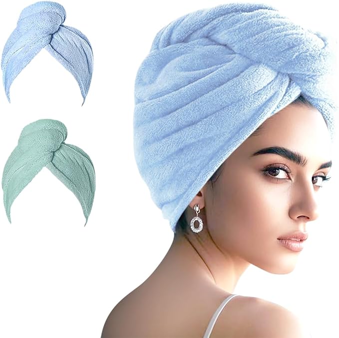 Microfiber Hair Drying Towel Wrap for Women, Hair Turbans Towel for Wet Hair,turbie Twist Hair Towels(The Color of the Picture is for Reference only) (Blue,Light Green)