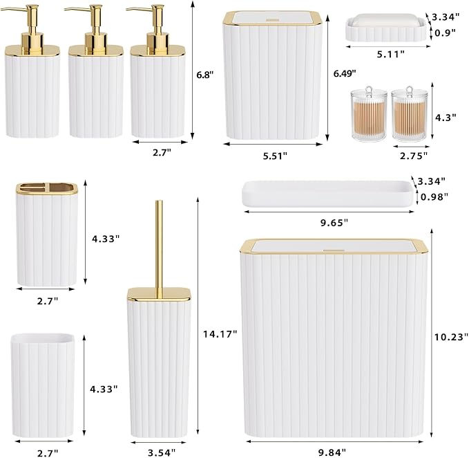 InnJoey Bathroom Accessory Set - Bathroom Set, 12PC Bathroom Accessories Set, White Bathroom Accessories Set, Mini Trash Can, Toilet Brush, Trash Can & Soap Dispenser