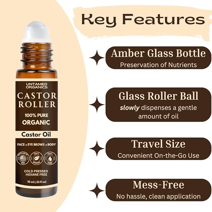 Untamed Organics 100% Organic Castor Oil Roll-On for Brows & Lashes, 10 mL