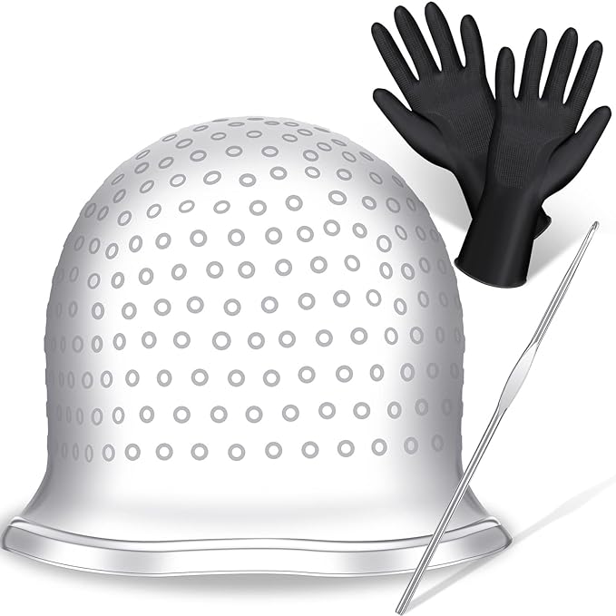 Silicone Highlight Cap with Hook and Gloves Hair Highlighting Kit Hair Dye Coloring Cap Reusable Pull Through Frosting Accessories for Salon Home Hairdressing