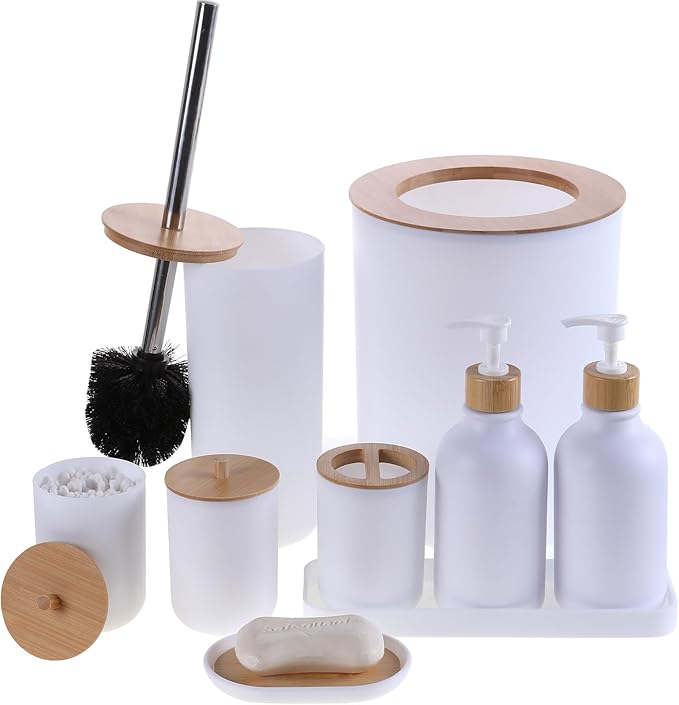 FNGJMJG Matte Black Bathroom Accessories Set 9PCS,Bamboo Bathroom Accessories Sets Complete with Trash Can,Soap Dispenser and Toothbrush Holder Set,Toilet Brush,Qtip Holder,Vanity Tray,Soap Dish