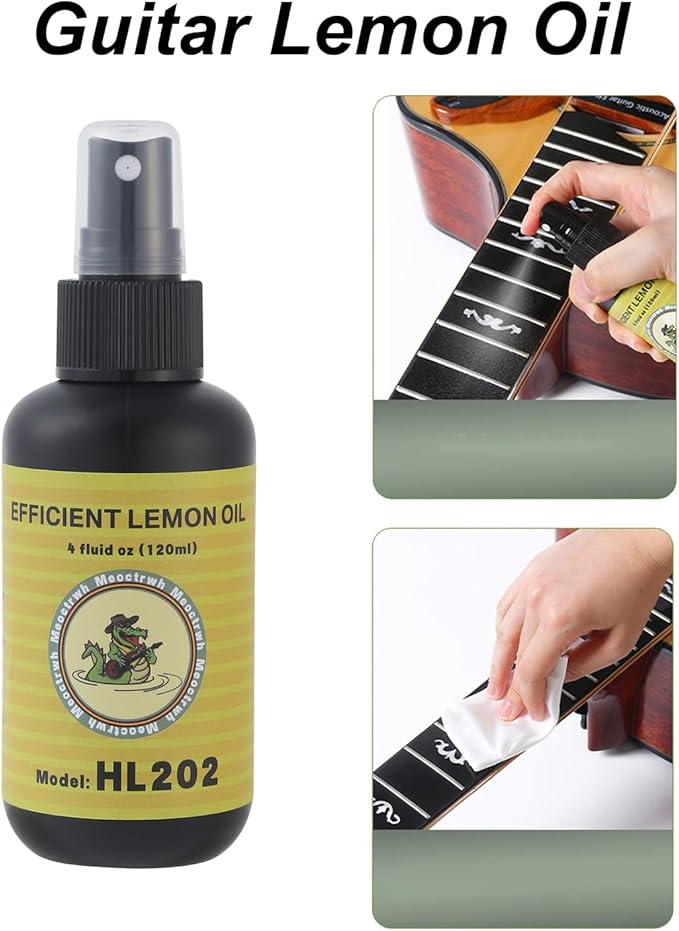 Meoctrwh Guitar Cleaning Kit, Fretboard Lemon Oil, Polish and Oil Care, Guitar String Cleaner Tool Brush String, Fret Care, Cleaning Brush & Cleaning Cloth, Extends Fretboard and String Life