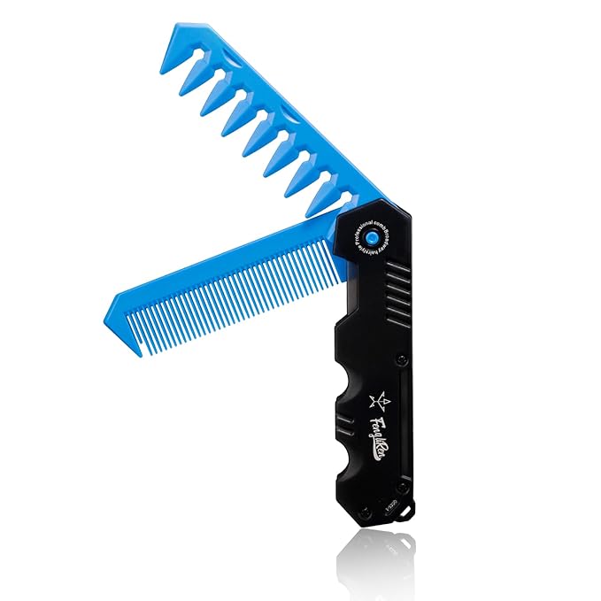 Protable Folding 2 in 1 Hair Comb Dence Tooth Comb Wide Tooth Comb Sparse Styling Pocket for Combing Straight hair Curly Hair Beards Mustaches for Men Barber Hairdresser (Blue)